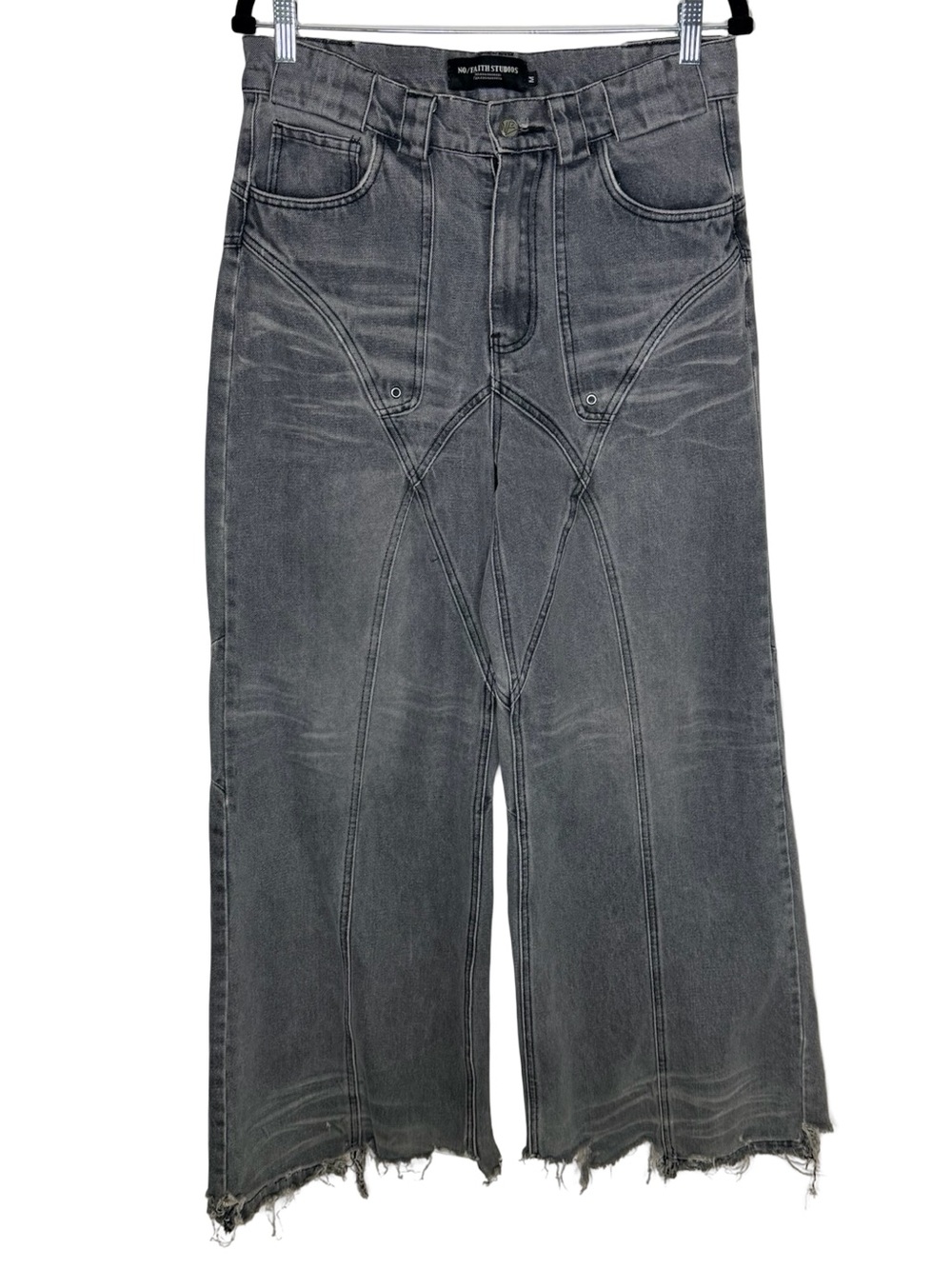 No Faith Studios Dune Baggy Flare Jeans Size Medium Gray Chewed Hems Grunge Punk